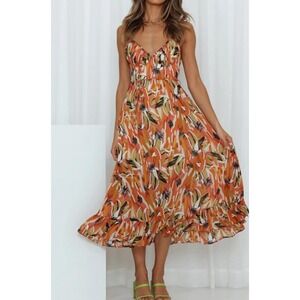 Indikah Babydoll Swing Midi Dress Women Medium Orange Milkmaid Coquette Preppy